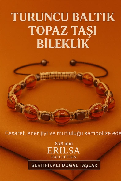 Sertifikalı Turuncu Baltık Topaz Doğal Taş Bileklik - 8x8 mm Cesaret Mutluluk Enerji Taşı ürün görseli 1