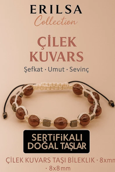 Sertifikalı Çilek Kuvars Doğal Taş Bileklik - 8x8 mm Sevgi Umut Şefkat Enerji Taşı ürün görseli 1