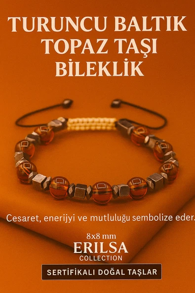 Sertifikalı Turuncu Baltık Topaz Doğal Taş Bileklik - 8x8 mm Cesaret Mutluluk ve Enerji Taşı ürün görseli 1