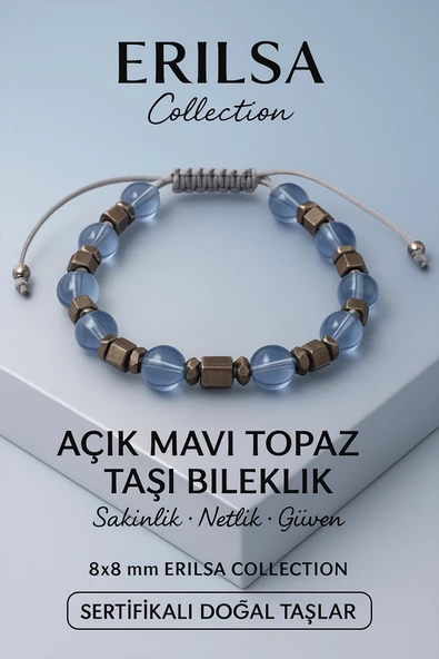 Sertifikalı Açık Mavi Topaz Doğal Taş Bileklik - 8x8 mm Arınma Huzur ve Denge Enerjisi Taşı ürün görseli 1