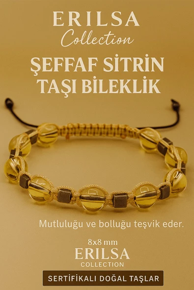 Sertifikalı Şeffaf Sitrin Doğal Taş Bileklik - 8x8 mm Bereket Bolluk Mutluluk Enerjisi Taşı ürün görseli 1