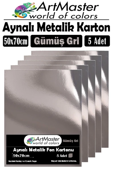 Gümüş Gri Renkli 50x70 Metalik Aynalı Fon Kartonu 5 Adet 1 Paket ArtMaster Metalik Aynalı Fon Kartonu ürün görseli 1