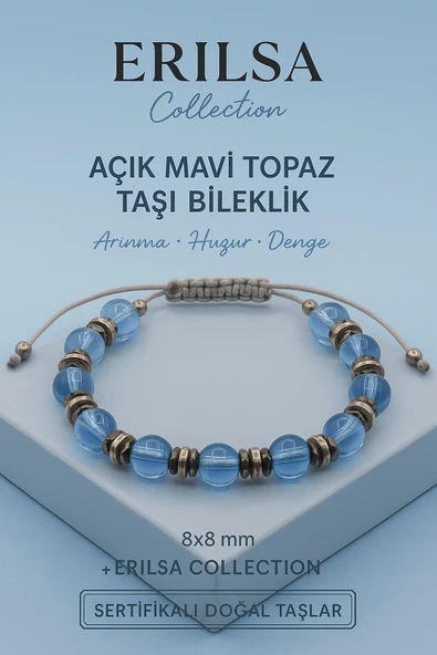 Sertifikalı Açık Mavi Topaz Doğal Taş Bileklik - 8x8 mm Sakinlik Netlik ve Güven Enerjisi Taşı ürün görseli 1