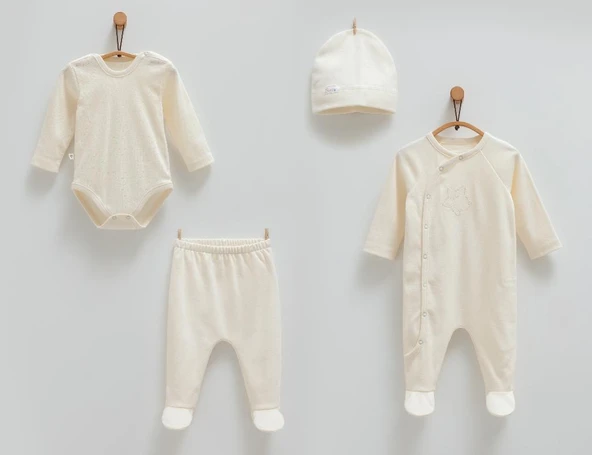 Caramell %100 Pamuk Cute Bear 4'lü Set 56-62 cm 1-3 Ay Bej  CRML.BEJ.ZE1456 ürün görseli 1