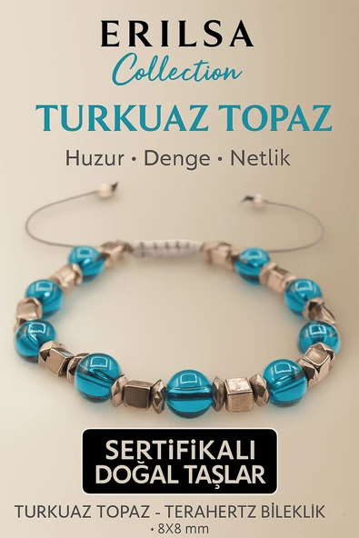 Sertifikalı Turkuaz Topaz Doğal Taş Bileklik - 8x8 mm Huzur Denge Netlik Enerji Taşı ürün görseli 1