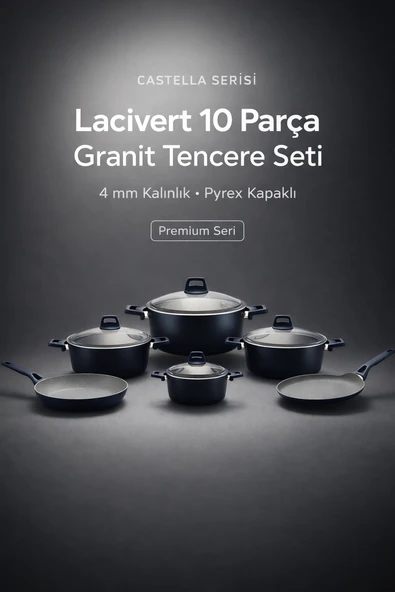 YUNUSOĞLU HOME Castella Serisi Lacivert 10 Parça Granit Tencere Seti 4 mm Kalınlık, Pyrex Kapaklı ürün görseli 1