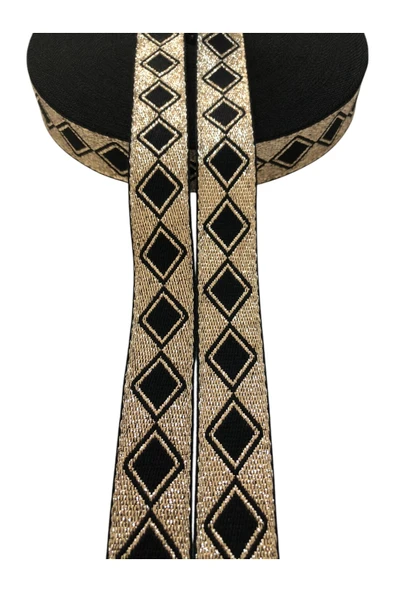 KumaşEvi Altın Piramit Desenli 2.5 Cm Jakar Şerit- Moda Çanta Aksesuarı Ev Dekoru El Sanatları Için (1M) ürün görseli 1