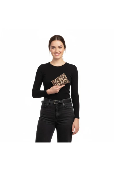 Leopar Desenli Mini Kartlık Cüzdan  Para Kesesi Kart Tutucu Çıtçıtlı Model 10x7 cm ürün görseli 1