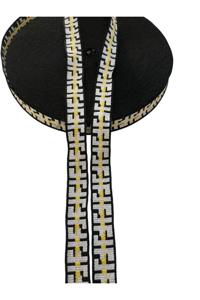 KumaşEvi Siyah Beyaz Ve Sarı Desenli 2 Cm Dokuma Şerit- Moda Çanta Aksesuarı Ev Dekoru El Sanatları Için (1M) ürün görseli 1
