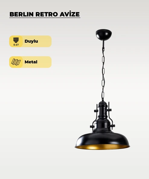 Berlin Retro Avize Siyah / Metal - E27 Duylu ürün görseli 1