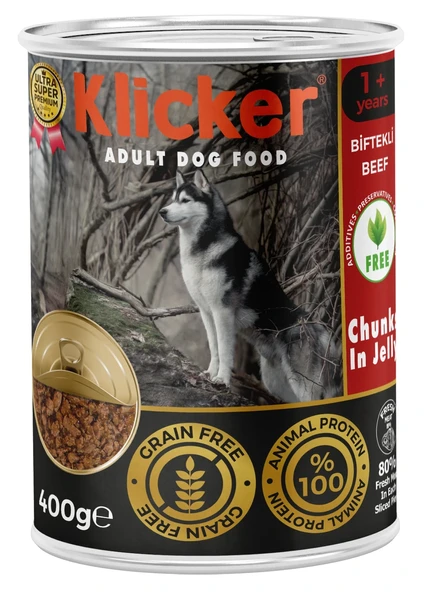 KLICKER 12 ADET JÖLELİ PARÇA ETLİ YETİŞKİN KÖPEK KONSERVE YAŞ MAMASI BİFTEKLİ 400 GR ürün görseli 1