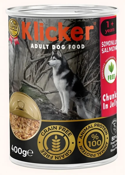 KLICKER 12 ADET JÖLELİ PARÇA ETLİ YETİŞKİN KÖPEK KONSERVE YAŞ MAMASI SOMONLU 400 GR ürün görseli 1