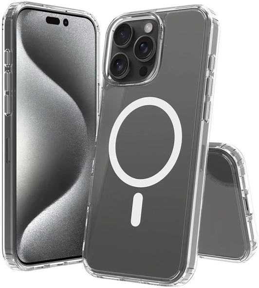 Cisteen Apple iPhone 15 Pro Max uyumlu Magsafe Şarj Özellikli Şeffaf Sert PC SARARMAZ Telefon Kılıfı  ürün görseli 1