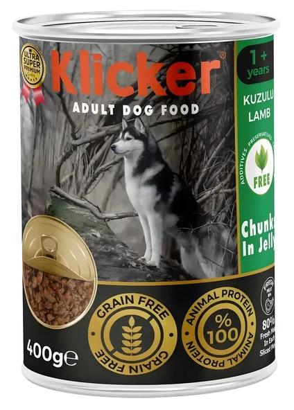 KLICKER 12 ADET JÖLELİ PARÇA ETLİ YETİŞKİN KÖPEK KONSERVE YAŞ MAMASI KUZULU 400 GR ürün görseli 1