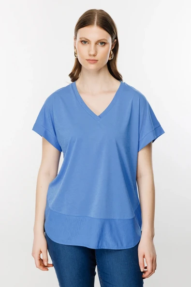 31476 ONTEKS V YAKA KISA KOL BASIC BLUZ - Resim 4