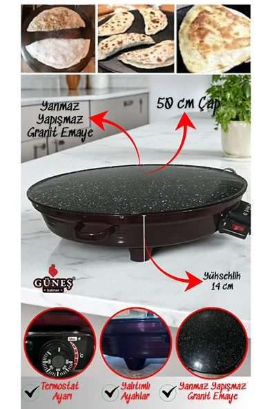 2000w Elektrikli Lüks Termostatlı 50 Cm Ekmek,gözleme,börek Ve Katmer Sacı l Granit emaye ürün görseli 1