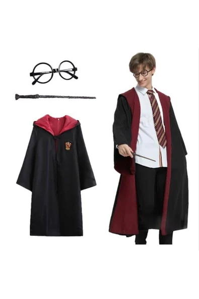 arya kostüm Harry Potter Pelerin Gözlük Asa 3’lü Set Çocuk Kostüm Aksesuarı 5-12 Yaş Uyumlu ürün görseli 1