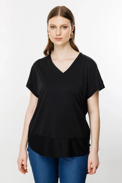 31476 ONTEKS V YAKA KISA KOL BASIC BLUZ - Resim 2