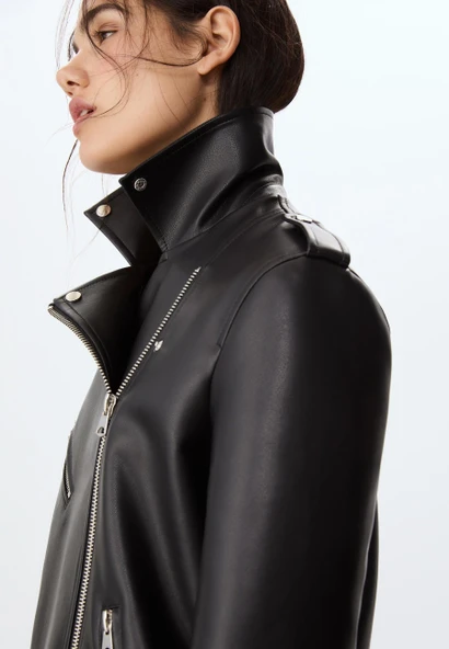 Stradivarius Oversize suni deri biker ceket - Resim 3