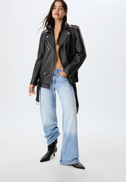 Stradivarius Oversize suni deri biker ceket - Resim 2