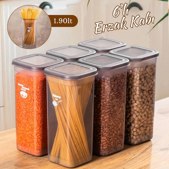 Porsima 5313 432 GR 6lı Etiketli Kare Un Erzak Bakliyat Saklama Kabı Takımı Seti 1.90 Lt - Gri ürün görseli 1