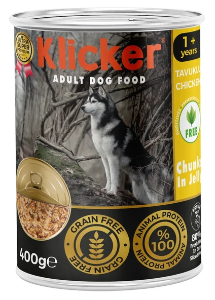 KLICKER 12 ADET JÖLELİ PARÇA ETLİ YETİŞKİN KÖPEK KONSERVE YAŞ MAMASI TAVUKLU 400 GR ürün görseli 1