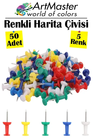 Renkli Harita Çivisi 50 Li 1 Paket Mantar Pano Raptiyesi Renkli Pano İğnesi Okul Büro Renkli Harita Çivisi Ofis ürün görseli 1