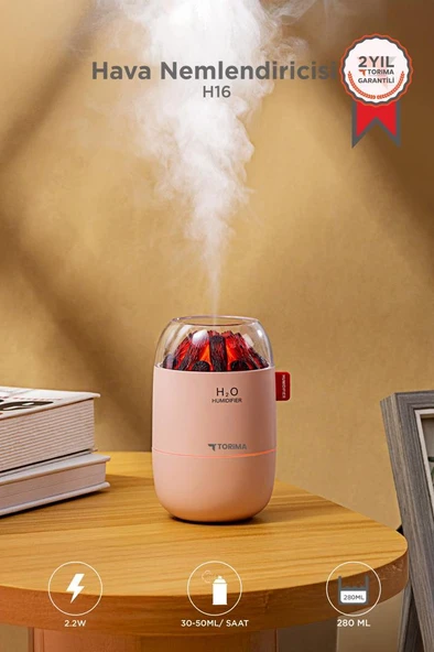 Hava Nemlendiricisi Buhar Makinesi Led Işıklı Odun Ateşi Efektli 280 ML H16 Pembe ürün görseli 1