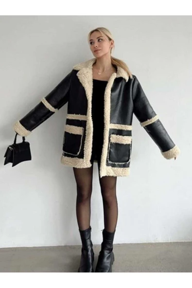 MODA Besi Kadın Siyah Peluş Kürk Detaylı Kaliteli Mont ürün görseli 1