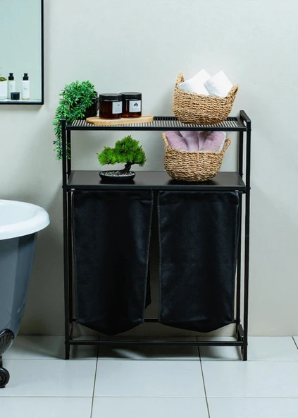 DEKORATİF KİRLİ SEPETLİ BANYO DOLABI 2 RAFLI 2 BÖLMELİ ÇAMAŞIR SEPETİ BANYO DÜZENLEYİCİ ORGANİZER ürün görseli 1