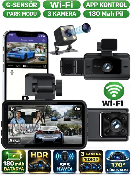 S15 WiFi 3 Kameralı Araç İçi Güvenlik Kamerası IR Gece Görüşlü Ön-Arka-İç Kayıt DashCam Araç Kamerası ürün görseli 1