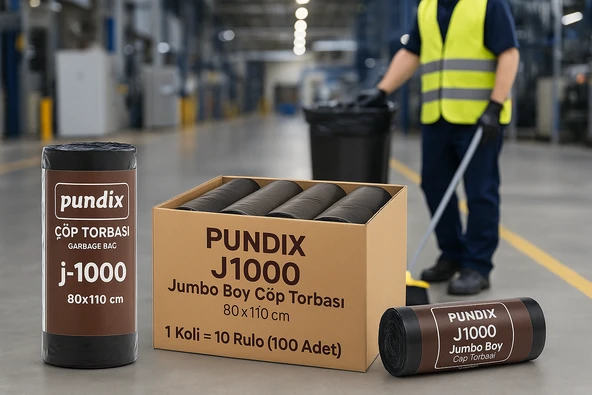 Pundix J1000 Jumbo Boy Endüstriyel Çöp Torbası 80X110 cm 1 Koli 10 Rulo x 10 Adet Dayanıklı, Sızdırmaz ve Geniş Hacimli Çöp Poşeti ürün görseli 1