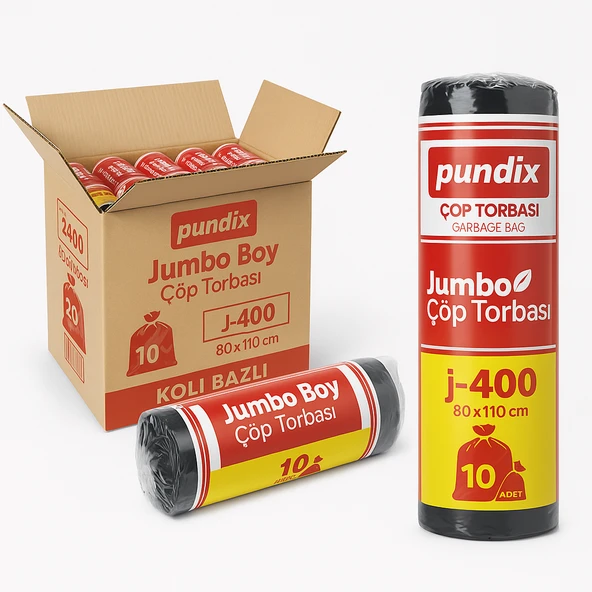 Pundix J400 Endüstriyel Çöp Poşeti 80X110 cm Siyah Jumbo Boy Kalın Seri 1 Koli 20 Rulo 200 Adet Dayanıklı, Sızdırmaz ve Geniş Hacimli Çöp Torbası ürün görseli 1