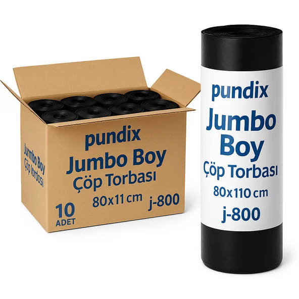Pundix J800 Jumbo Boy Çöp Torbası 80X110 cm 1 Koli 10 Rulo x 10 Adet Profesyonel Endüstriyel Kullanım Dayanıklı, Sızdırmaz ve Geniş Hacimli Çöp Poşeti ürün görseli 1