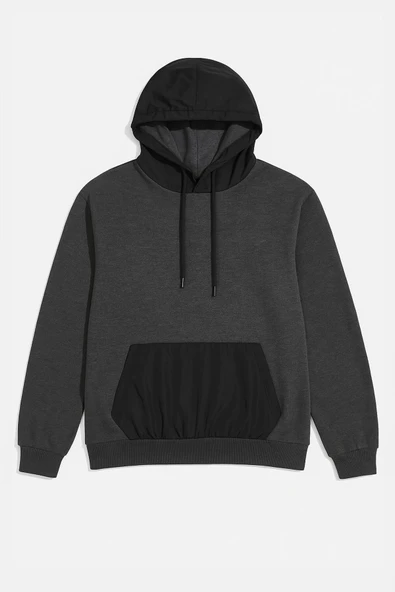 Erkek Kapüşonlu Cepli Antrasit Sweatshirt - Resim 2