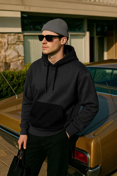 Erkek Kapüşonlu Cepli Antrasit Sweatshirt ürün görseli 1