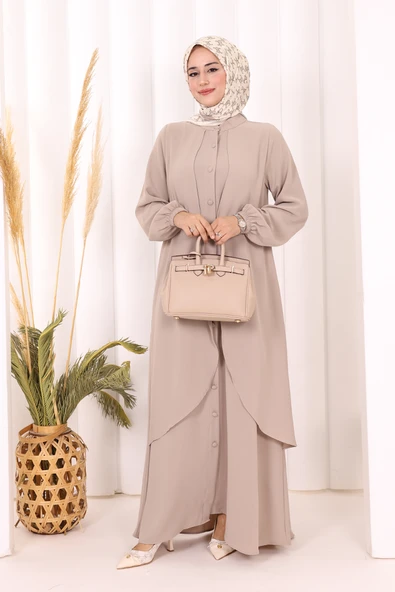 Boydan Düğmeli Elbise 6045 Vizon - Resim 2