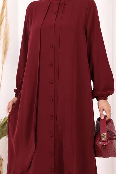 Boydan Düğmeli Elbise 6045 Bordo - Resim 6