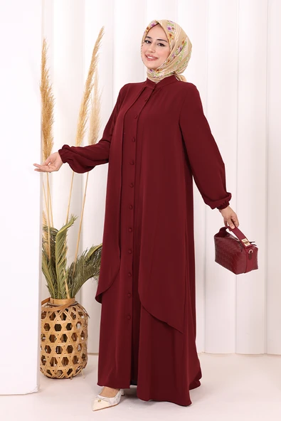 Boydan Düğmeli Elbise 6045 Bordo - Resim 3