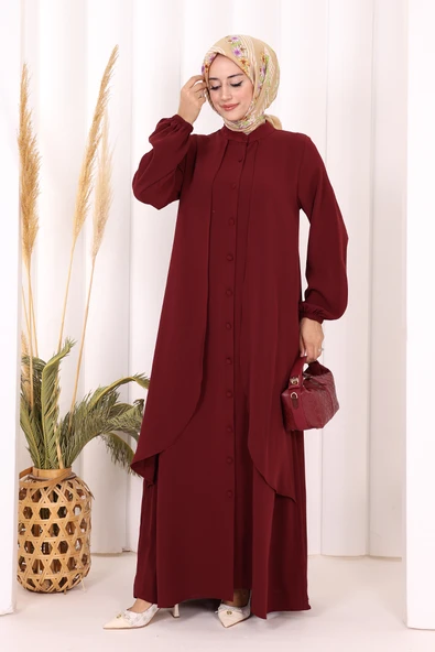 Boydan Düğmeli Elbise 6045 Bordo - Resim 2