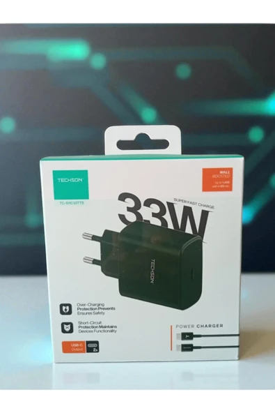 TECHSON 33W Type-C Adaptör + Kablo Şarj Cihazı Siyah S11C33TTS ürün görseli 1