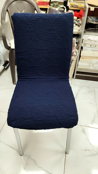MANDAŞ 6LI SET Jakarlı Lastikli Eteksiz Sandalye Kılıfı-Şal Desen Lacivert ürün görseli 1