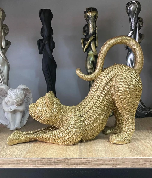 Dekoratif Hasır Dokuda Tasarlanmış Esneyen Kedi Biblo Sevimli Kedi Heykeli ürün görseli 1