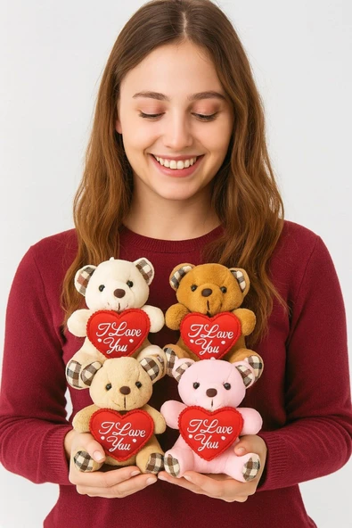 I Love You Seni Seviyorum Mesajlı 4 Adet Sevimli Mini Peluş Ayıcık Kalpli 11x9 cm Peluş Ayıcıklar ürün görseli 1