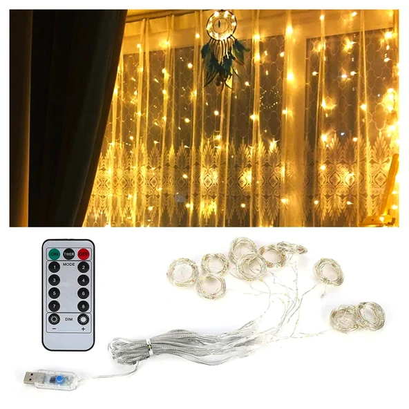 Upway 3x3 Metre Kumandalı 8 Modlu Askılı USB 300 Led Işıklı Perde Gün Işığı ürün görseli 1