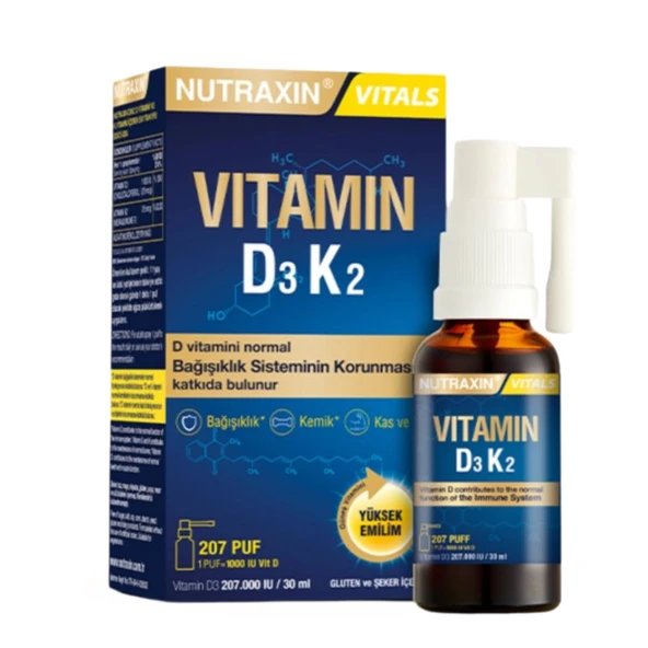 Nutraxin D3-K2 Sprey - 1000 IU D3 ve 25 mcg K2 Vitamini 30 Ml ürün görseli 1