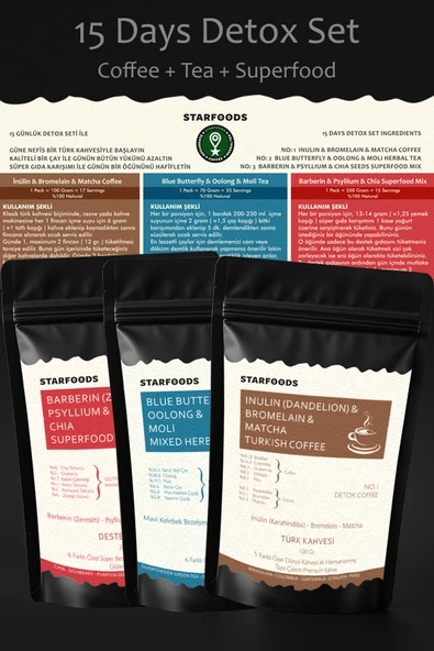 15 Days Detox Set Coffee + Tea + Superfood İnülin Bromelain Türk Kahvesi Detox Çayı Chia Detoks Seti ürün görseli 1