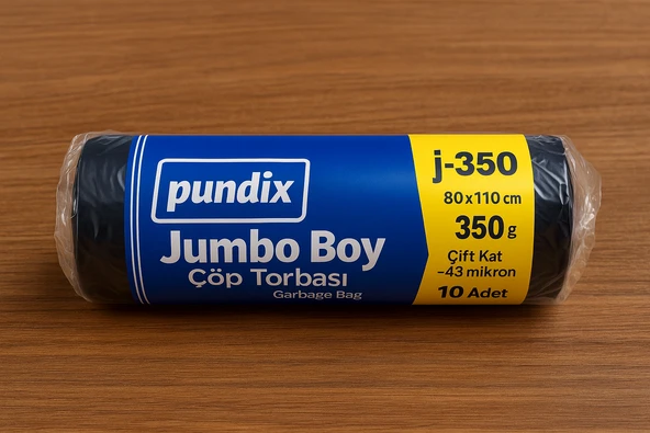 Pundix J350 Jumbo Boy Çöp Torbası 80X110 cm 1 Rulo (10 Adet) 350 Gr Çift Kat 43 Mikron Dayanıklı Siyah Poşet ürün görseli 1