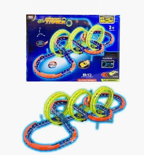 Glow Speed Track 74 Parça Yarış Pisti Seti – 3’lü Loop Işıklı, USB Şarjlı Hızlı Yarış Arabalı Oyun Seti, 3+ Yaş ürün görseli 1