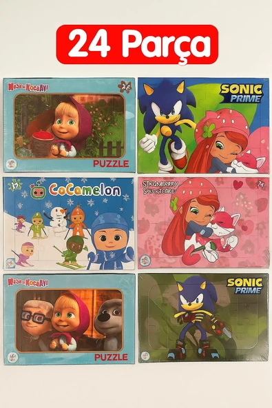 5’li Lisanslı 24 Parça Puzzle Seti – Maşa ile Koca Ayı, Sonic Prime, Strawberry Shortcake, CoComelon Çocuk Eğitici Karton Puzzle ürün görseli 1